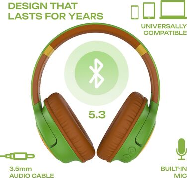 Дитячі навушники PowerLocus Bobo Bluetooth з LED-підсвічуванням та обмеженням гучності, Over-Ear, з мікрофоном для дітей, сумісні з телефоном/планшетом, для подорожей