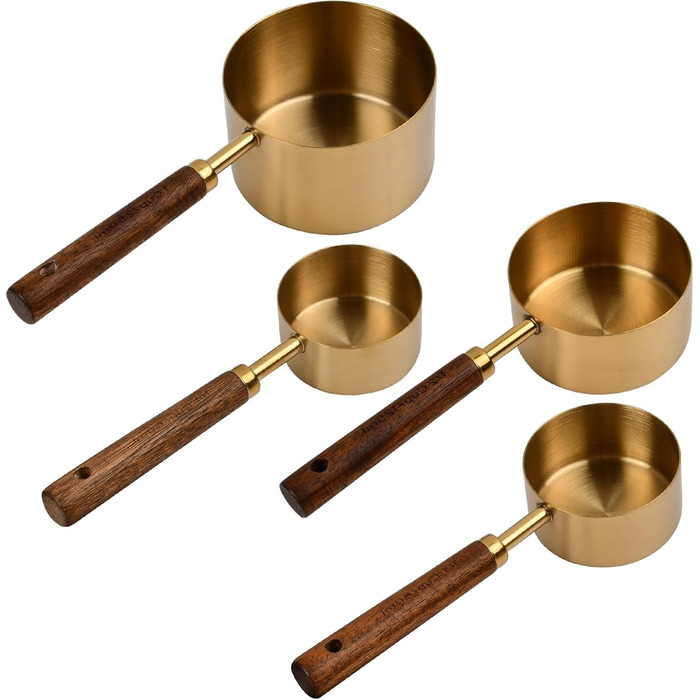 Набір мірних ложок мідних (4 шт.) з дерев'яною ручкою для кави, кухні, випічки 60/80/125/250 мл Akazie (Золото)
