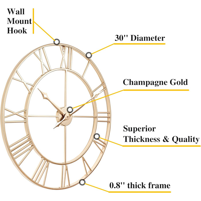 Samilito Large Wall Clock in Vintage Style, Round, Silent. Free with it: ONE extra set of black clock hands. Metal clock for loft, living room, bedroom, and kitchen decoration (76 cm, Gold)