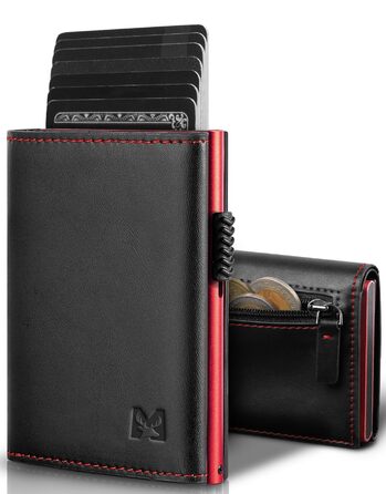 Чоловічий гаманець з RFID-захистом та відділенням для монет, Smart Wallet з вікном для документів, шкіряний гаманець для карт (чорно-червоний)