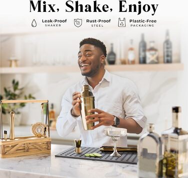 Набір бармена для приготування коктейлів, 12 предметів: шейкер, інструменти, підставка, рецепти. Преміум якість, подарунковий набір для дому (Золотий, 680 мл)