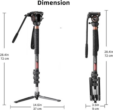 Штатив для камери Cayer CF34 з вуглецевого волокна, 180.3 см, професійний монопод для відеозйомки з відео-рідинною головкою та розкладною опорою для DSLR та відеокамер