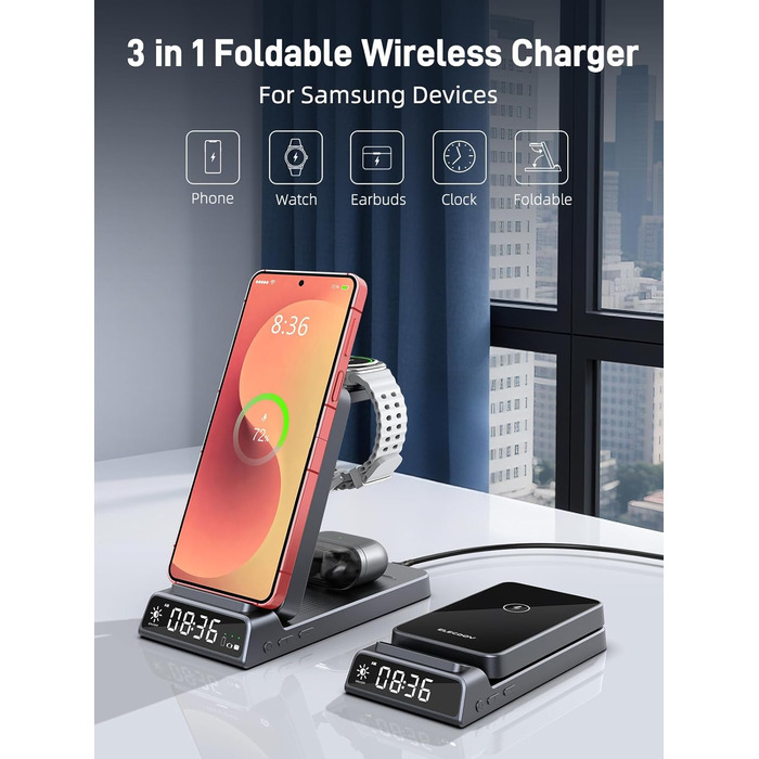 Бездротовий зарядний пристрій 3-в-1 для Samsung Galaxy S26/S25/Z Fold 7/Flip 7/Buds 3/2, Watch 8/7/6/5 Pro - сірий