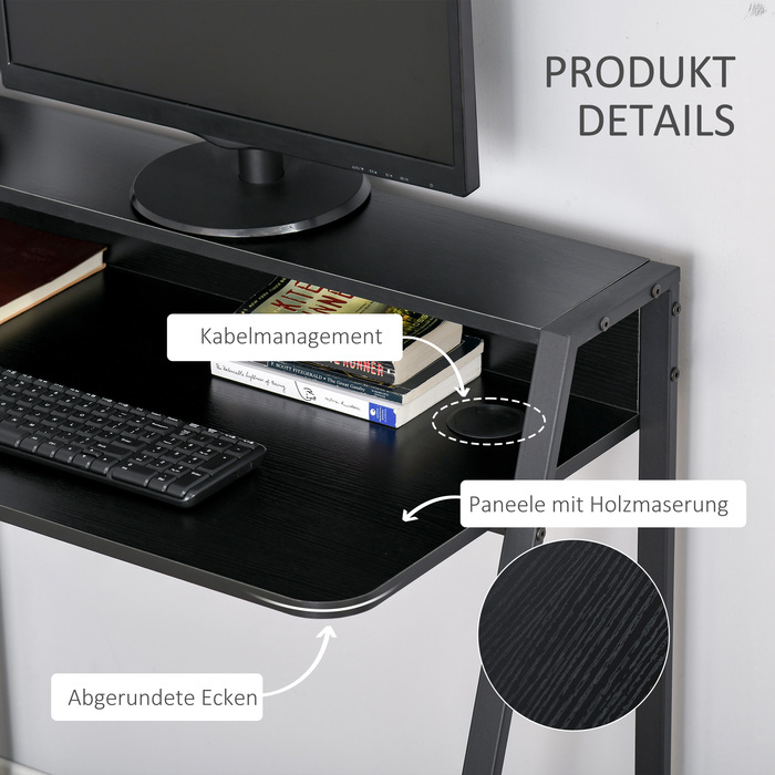 HOMCOM Computer Desk Stylish Writing Desk with Storage and Cable Management, Metal Black 84x45x85cm for Home Office and Study