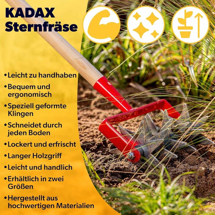 Культиватор для ґрунту KADAX із металу з 12 зірками та дерев'яною ручкою – садова фреза для розпушування землі, газону та видалення бур'янів