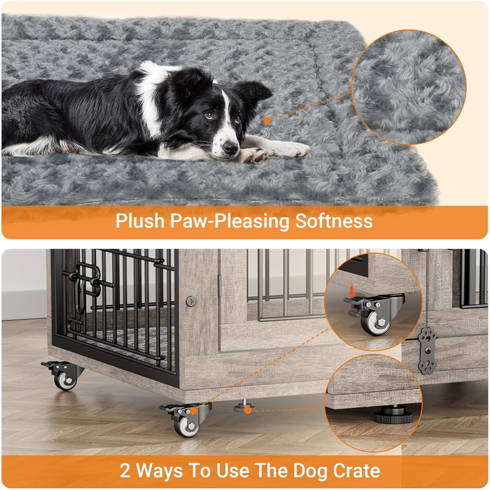 Клітка для собак Lulive, дерев'яна будка для дому, з подвійними дверима, 96,5 см, міцна переноска з подушкою та колесами, декоративний столик, дім для тварин, купик для великих/середніх собак, сірий, 98 x 64 x 68 см