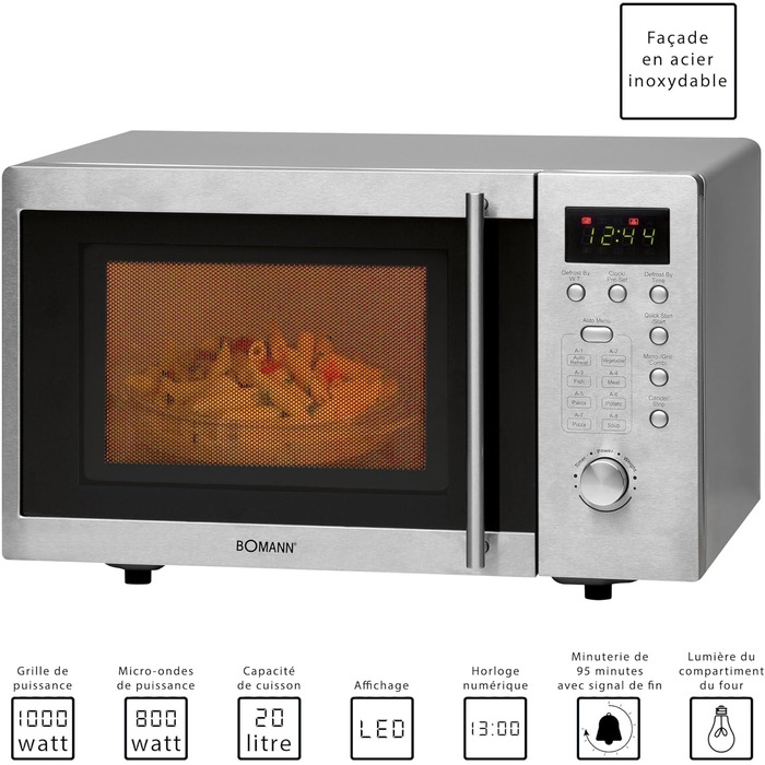 Мікрохвильова піч Bomann® з грилем, 1000 Вт, вбудована, 20 л, 8 програм, з поворотним столом, MWG 2211 U CB