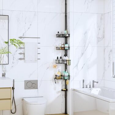 Регульована поличка для душу SWTYMIKI з нержавіючої сталі, 4 яруси, з мильницею, тримачем для зубних щіток та 4 гачками, 70-275 см, чорний (без свердління)