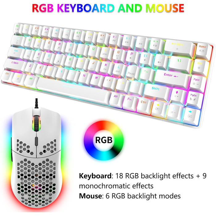 Ігровий комплект клавіатури та миші RGB, 68 клавіш, Red Switch, 60% механічна клавіатура, миша 6400DPI, USB-кабель, сумісна з Windows, Mac, PS4, білий колір