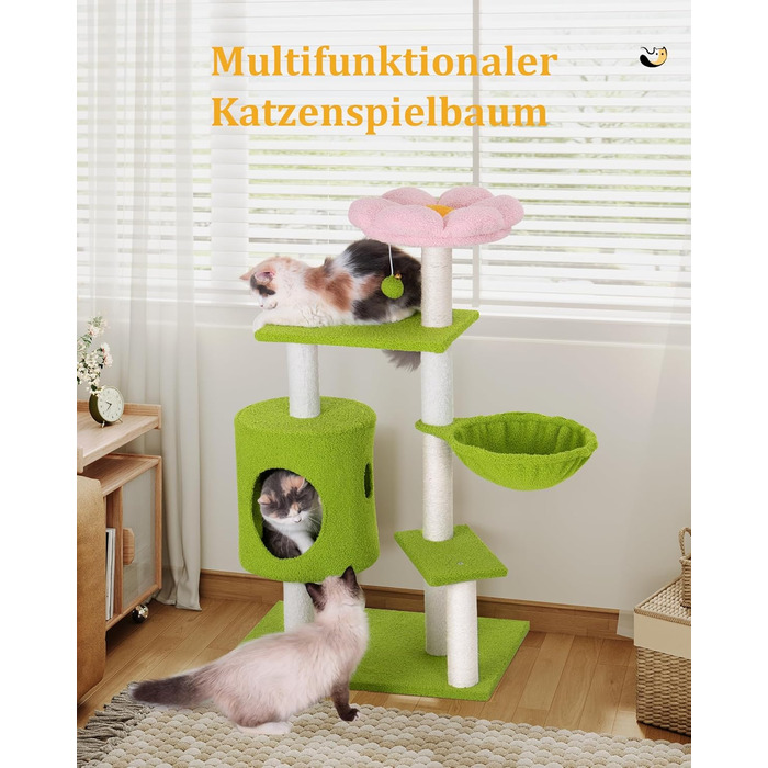 Кігтеточка-будинок для котів з квітами, 104 см, зелено-рожевий. Багатоповерхова кігтеточка з гамаком та будиночком.