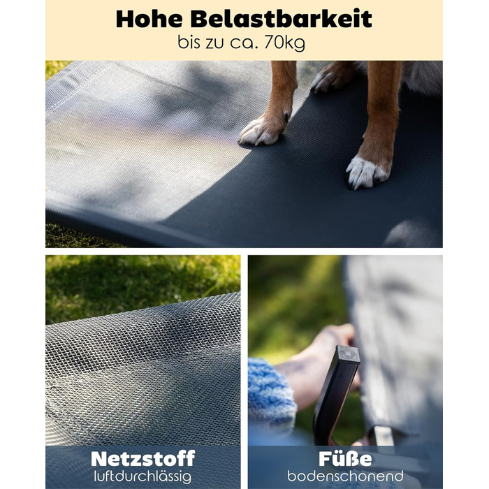 Лежанка для собак Lionto Outdoor, піднята, стабільна, сіра, 114x76x15 см. Зручна та стійка, з дихаючим покриттям та металевим каркасом. Захист від холоду підлоги.