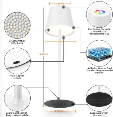 LED-лампа Qsky настільна бездротова диммерна акумуляторна, перезарядна тепле світло 3000K+RGB, алюміній, вологостійка для ресторану, спальні, бару, IP54 (срібна 2 шт.) (біла 2 шт.)