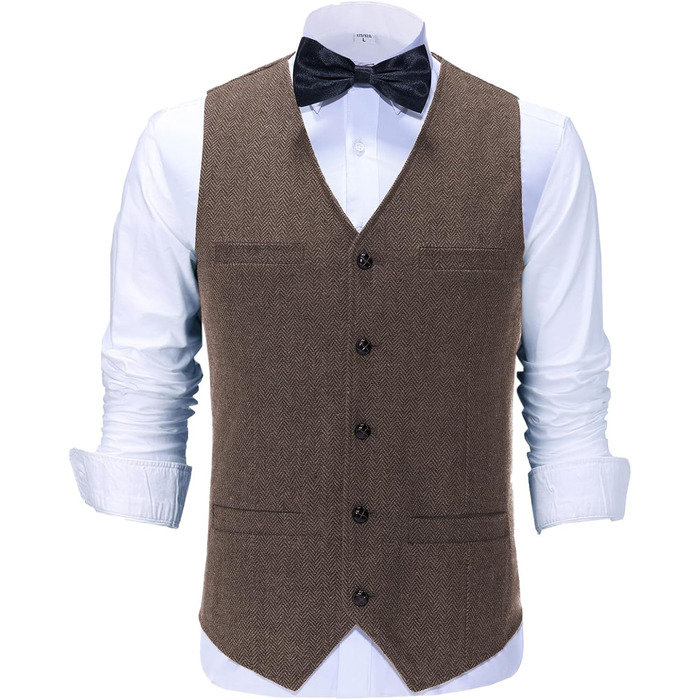 Костюм-трійка чоловічий у клітинку риб'яча кістка: костюм, жилет, сорочка. Tweed, для весілля, нареченого, гостей. 3XL, світло-коричневий