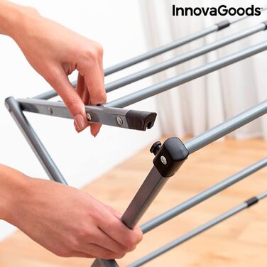 InnovaGoods - Folding and Extendable Metal Clothes Rack, 3 Height Levels, 11 Rods, Waterproof, Lightweight, Tool-Free Assembly, Iron, Silver, Size A