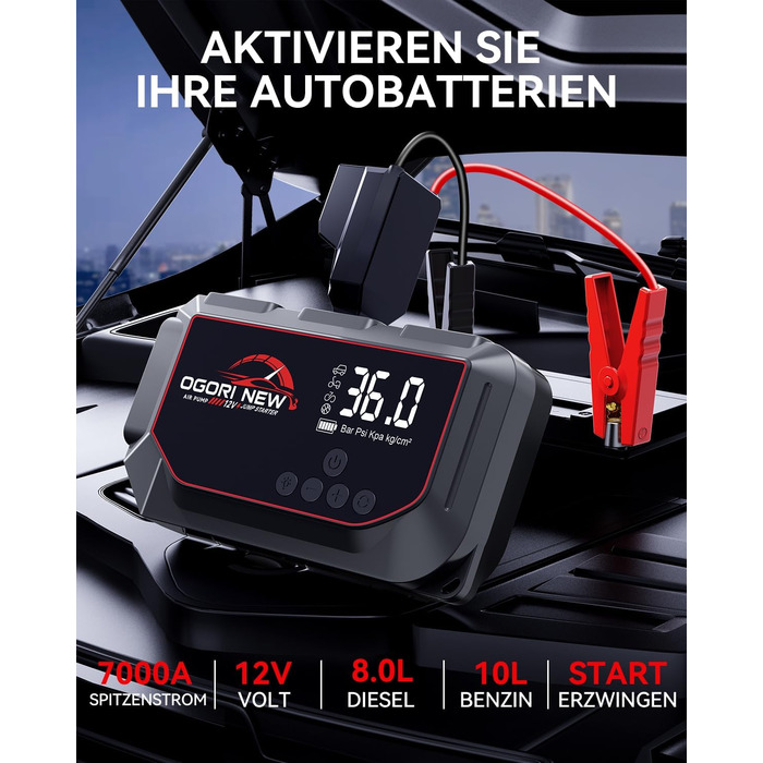 Портативний пусковий пристрій OGORI K33 з компресором 150 PSI та LED ліхтариком для автомобілів 12V (бензин 8L/дизель 10L)