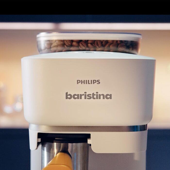 Philips Baristina Espresso Machine - Real Espresso, made simple. Compact coffee machine, Natural White with mango yellow portafilter, 16-bar pump pressure, automatic grinder, Cafe Crema (BAR300/03)