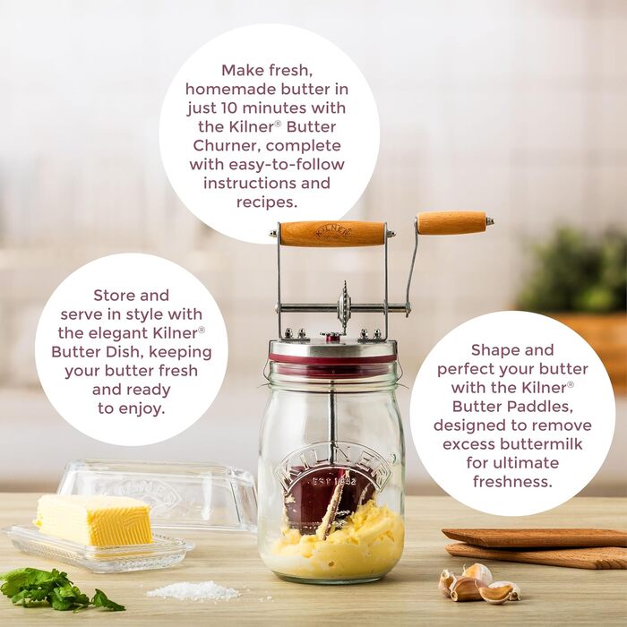 Kilner Butter Churn Glass with Hand Crank, make delicious butter yourself in just 10 minutes, with silicone stirrer, 1L, incl. instructions and recipes, also for herb butter, garlic butter, etc., 27 cm tall