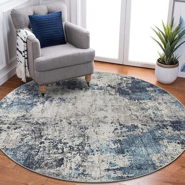 Кілимок для вітальні синього кольору, вінтажний, з ефектом розмиття, короткий ворс, килими, миючий, нековзний, для спальні (160 см, круглий, абстрактний синій)