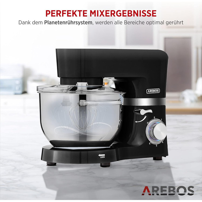 Кухонна машина Arebos 1500W з двома чашами з нержавіючої сталі (4.5L та 5.5L) | Кухонний міксер з набором насадок (мішалка, гак для тіста, вінчик) | 6 швидкостей, тиха робота, з кришкою
