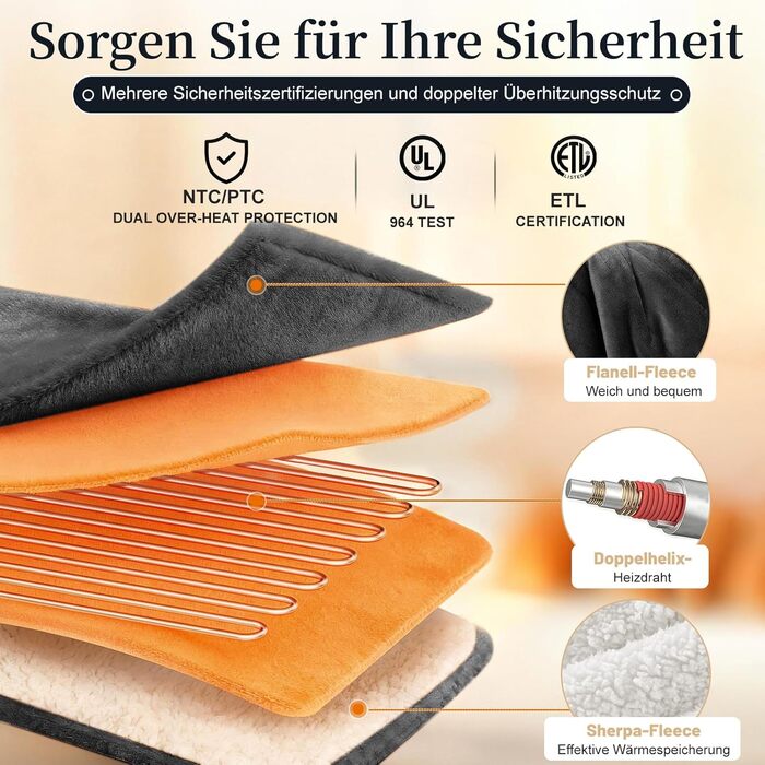 Електрична ковдра Netraty з автовимкненням 130x180 см, 8 режимів нагріву, таймер 1-12 годин, захист від перегріву, пральна машина, фланель-шерпа, сіра для дому та офісу