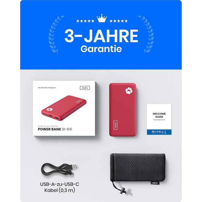 Power Bank INIU 10000mAh, ультратонкий, USB-C, з ліхтариком, червоний