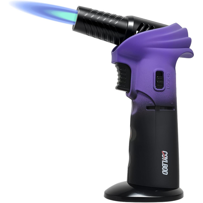 Бутанна запальничка-пальник Flambierbrenner: регульована полум'я, кут повороту 0–90°, безпечний замок, для паяння (зелено-чорний та фіолетово-чорний)