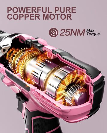 Акумуляторний шуруповерт 12V з набором 2000mAh, 24 шт. аксесуарів та кейсом, 25Nm, 2 швидкості, 25+1 момент, 10мм патрон, LED, рожевий
