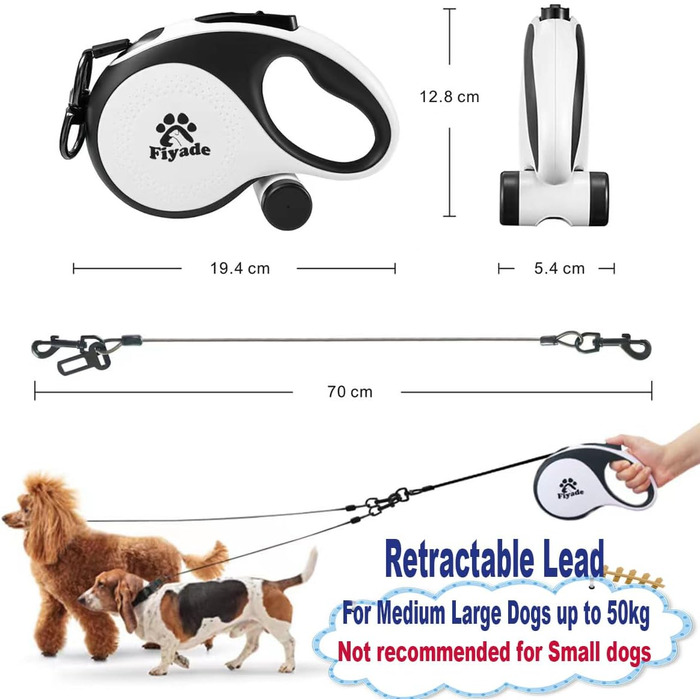 Висувна поводок для собак, 5 м, подвійний поводок для 2 собак, для собак середніх та великих порід до 50 кг, білий та чорний