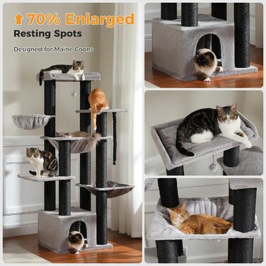 Котячий комплекс PAWZ Road XXL: стійка, з гамаком, 13 стовпчиків сизалю, печери, кошиків, 170 см, чорний