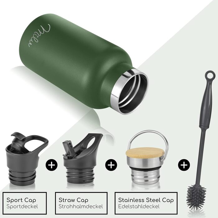 Фляга з нержавіючої сталі Milu 350/500/750/1000 мл (+3 кришки) з трубочкою, термос, ізольована пляшка для води, дитяча, доросла, для подорожей, без витоку (оливковий, 350 мл)