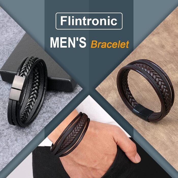 Чоловічий браслет Flintronic з натуральної шкіри, чорний, плетений з магнітною застібкою