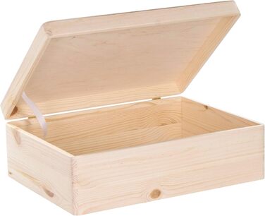 Wooden box with lid - 40x30x24cm, Natural, FSC® - Multi-purpose box without handles - Storage box | Memory box | Craft & Gift box (40 x 30 x 14 cm | L)