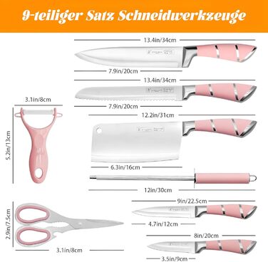 Набір кухонних ножів 9 шт. з поворотним блоком з акрилу, професійний набір кухонних ножів з нержавіючої сталі, з точилкою, подарунок для сім'ї (рожевий)