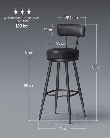 Барний стілець VASAGLE EKHO - обертається на 360°, комплект з 4 шт., з підлокітником, для кухонного острова, штучна шкіра, стиль Mid-Century Modern, 65 см, чорний