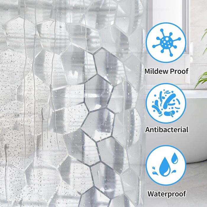 Штора для ванної OTraki напівпрозора 180x200 см, антигрибкова, миється, з EVA, водонепроникна 3D штора для душу з 12 кільцями, без ПВХ