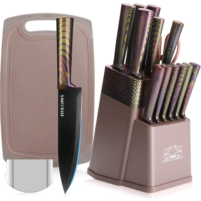 Набір кухонних ножів Messerblock 16 предметів з дерев'яною підставкою, дощечкою, захистом пальців, точилкою та кухонними ножицями. Професійний набір ножів для дому (зелений/рожевий)