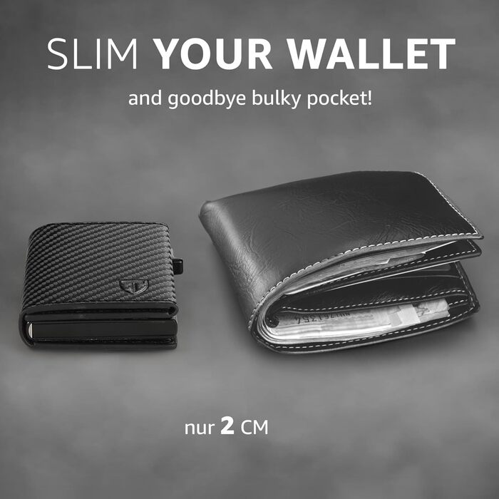 Чоловічий гаманець TENBST - картхолдер ультратонкий з RFID захистом, 10 відділень для карток, вікно для ID, преміум карбон, чорний