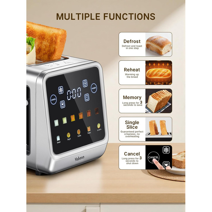 Тостер Yabano на 4 підсмажувальні позиції з сенсорним екраном та функцією пам'яті, технологією Single-Slice, таймером, функціями розморожування та підігріву, з нержавіючої сталі, 6 рівнів підсмажування, 5 програм для хліба