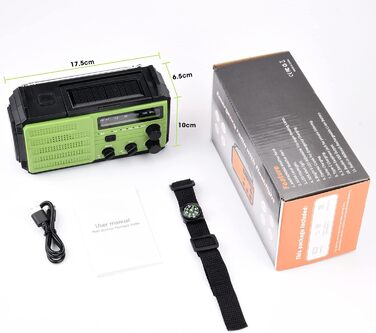 Сонячне радіо Kurbelradio 8000mAh з ручним генератором, AM/FM, LED ліхтарик, SOS, компас, IPX3, для кемпінгу та відпочинку на природі (зелене)