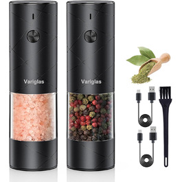 Variglas Salt and Pepper Mills Electric 2-Piece Set with USB Rechargeable, Improved Large Capacity Electric Spice Grinder, Adjustable Coarseness, LED Light (01B)
