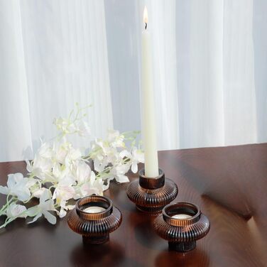 VOHO Candle Holders, Ribbed Glass, Stylish Boho Candle Holders, Stackable and Reversible, for Candle Stands and Votive Candles, e Candle Holders, Table Decor, Set of 18 (Brown)
