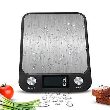 Кухонні ваги LEVADA PLUS - цифрові, 15 кг, з LCD-дисплеєм, з нержавіючої сталі, висока точність, компактні, чорні