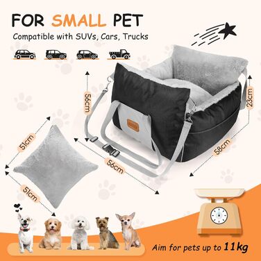 Автокрісло для собак Nobleza - зручне ліжко для маленьких собак з кишенями та змінним матрацом, 58x56x33 см (бавовна, плюш, пластик/метал)