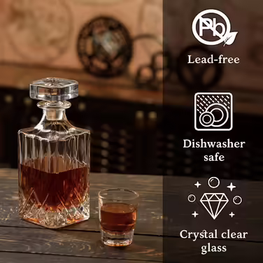 Kemstood Whiskey Decanter (945 ml) - Decanter Set with Crystal Glasses and Vintage Car Stand by Kemstood - Personalized Set for Men - Bar Accessories for Alcohol - Whiskey Gift Set