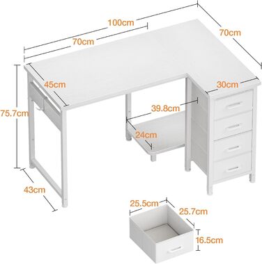 Комп'ютерний стіл кутовий Coleshome 100x70 см з 4 шухлядами, білий. Для офісу, робочого кабінету, спальні