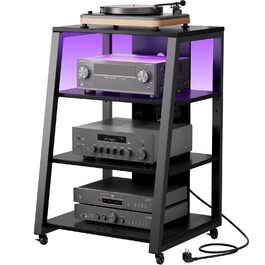 Lifewit Аудіостійка HiFi з полицями, колесами та LED-підсвіткою, 60x55x90 см, коричнево-чорна