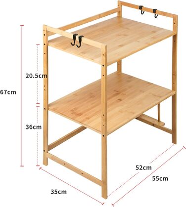 Поличкова система для мікрохвильової печі 3 яруси, органайзер з гачками, розширювана, висувна, 40-64см, з вуглецевої сталі (3 яруси, бамбук, 55x35x67см)