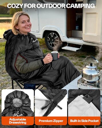 Спальний мішок Sportneer Outdoor для дорослих, всесезонний (3-4 сезони), теплий кемпінговий спальник-ковдра для подорожей та активного відпочинку, 220x85 см, чорний (температурний режим 10-26 °C)
