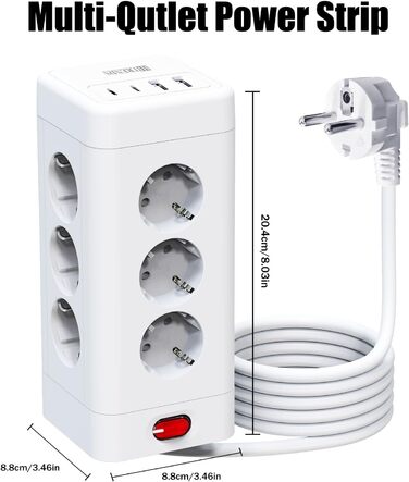 Блок розеток з USB-C, 4 розетки, плоский штекер, індивідуальне вмикання, куб з 2м плетеного кабелю для офісу, дому, подорожей - Білий 002-MF (12 розеток 2M - Білий)