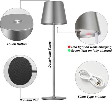 Набір з 2 бездротових настільних ламп LED з акумулятором, сенсорне регулювання яскравості, 3 режими кольору, USB-C зарядка для спальні, столу, кемпінгу (Чорний)
